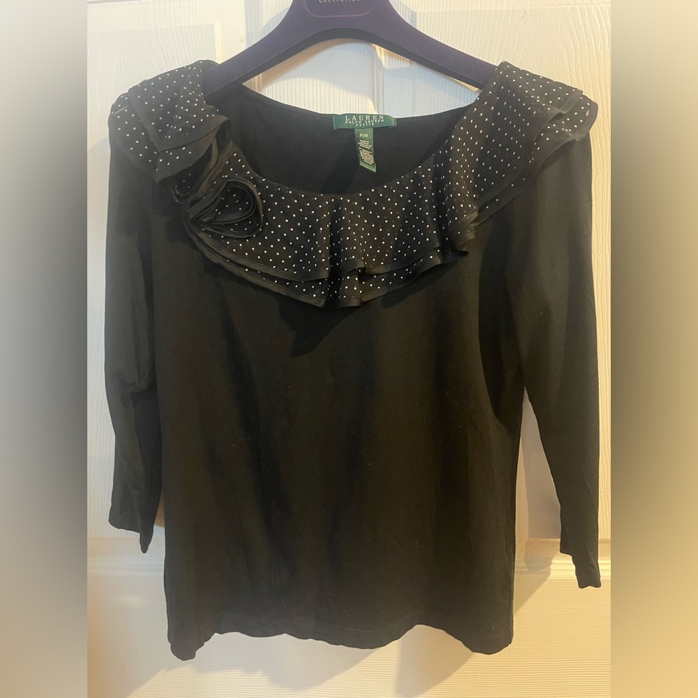 Lauren Ralph Lauren Black Ruffled Polka-Dot Trim Long Sleeve Top s/m